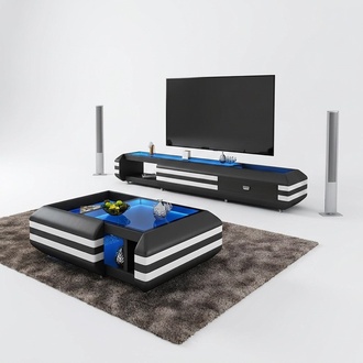 Coffee table sideboard 2-piece LED illuminated living room furniture table lowboard glass
