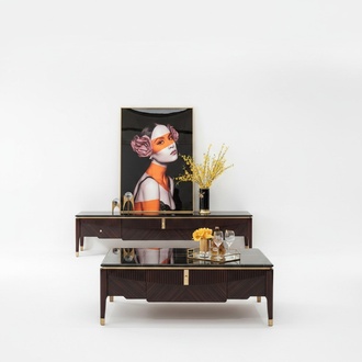 Modern style made of real wooden rectangular coffee table with a sliding drawer & marble surface