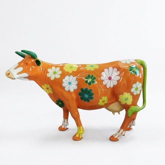 Orange colored gloss cow with flowers pictures decorative sculpture 147x210cm sizes