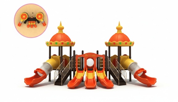 Colourful children\'s playground in the inner courtyard in spaceship style with slides