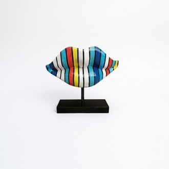 Abstract decorative sculpture designed as a lips in blue white tones stripes 47cm