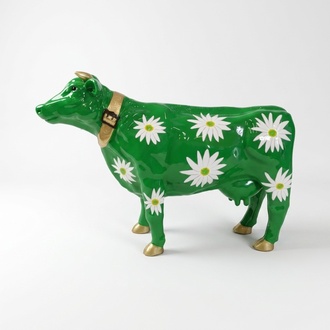 Decorative sculpture designed as gloss full green colored standing cow with colorful flowers 67x140m