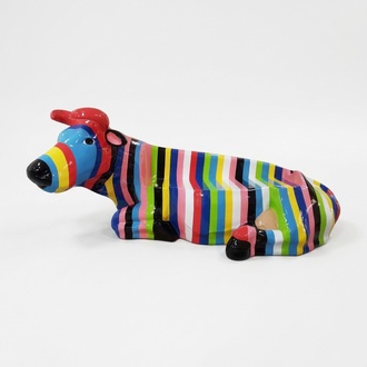 Lying cow decorative gloss sculpture with colorful stripes 98x200cm sizes