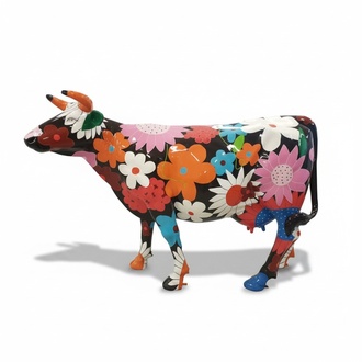 Black colored gloss cow with flowers pictures decorative sculpture 147x210cm sizes