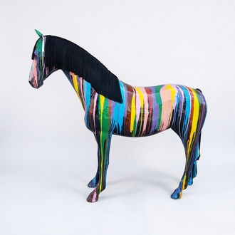 Decorative sculpture designed as black colored horse figure with colorful stripes 205x240m sizes