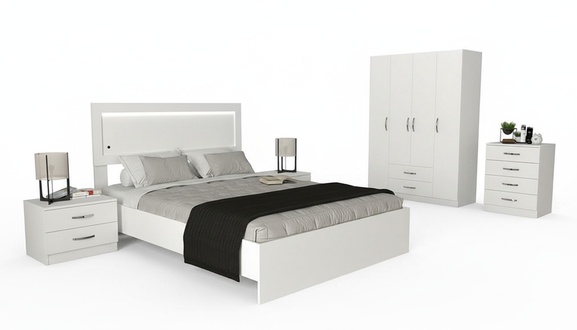 Comfortable bedroom furniture set 2x nightstands, chest of drawers, bed, cabinet 5 pieces.