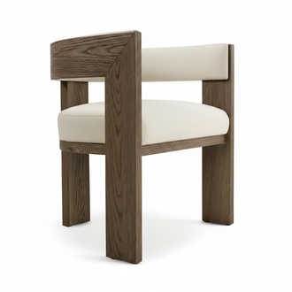 Comfortable designer chair made of wood with cream-colored upholstery.