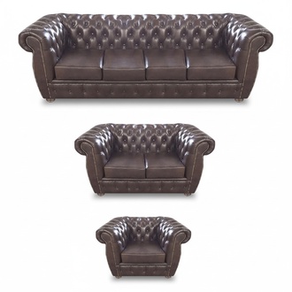 Complete 3-piece living room brown sofas Chesterfield armchair luxury upholstered furniture