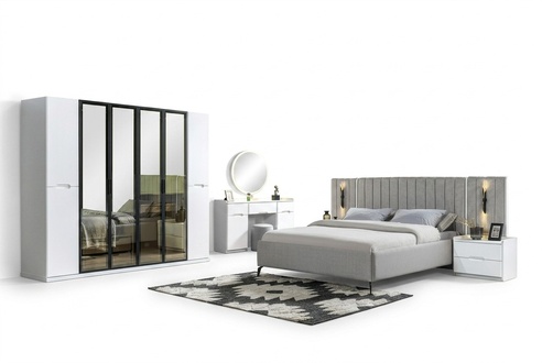 Complete Bedroom 4-Piece Set Bed Wardrobe Nightstands Wood 6-Piece
