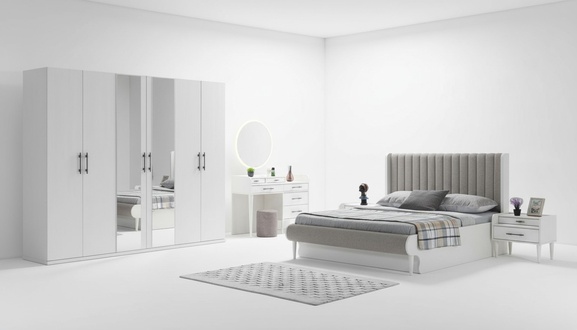 Complete bedroom set, 6 pieces: bed, wardrobe, nightstands, modern.
