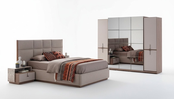 Complete bedroom double bed bedside tables gray 4-piece wardrobe