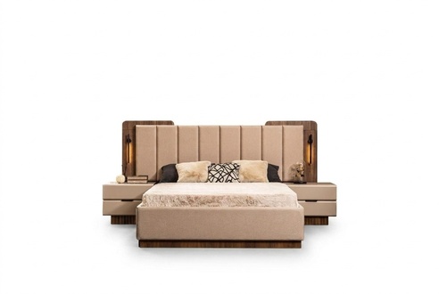 Complete bedroom double bed bed bedside tables beige fabric 3pcs