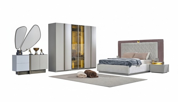 Complete bedroom furniture double bed bed white luxury set 7 pieces wood