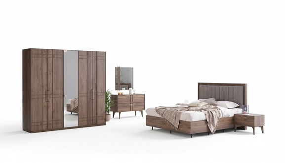 Complete bedroom furniture double bed wood 6 pcs bedroom brown
