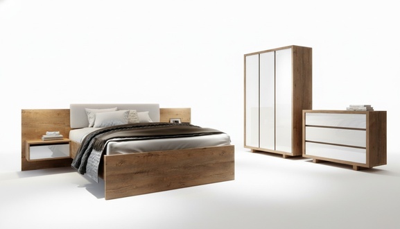 Complete Bedroom Set Bed Bedside Table Wardrobe Chest of Drawers Design 5 pcs.