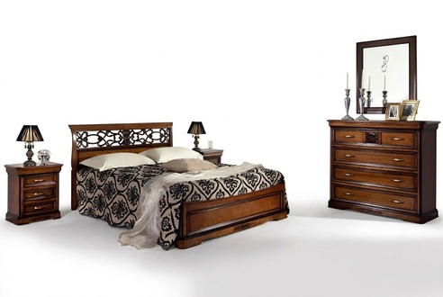 Complete bedroom set wood brown bed 2x bedside table chest of drawers mirror new