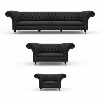 Complete black Chesterfield seating set designer two-seater armchair.