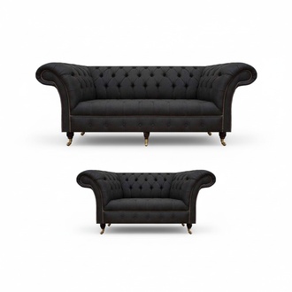 Complete Black Chesterfield Set Designer Three-Seater Modern 2-Seater