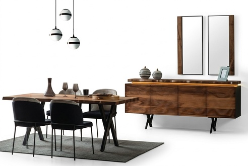 Complete brown-black dining group designer wooden dining table upholstered chairs