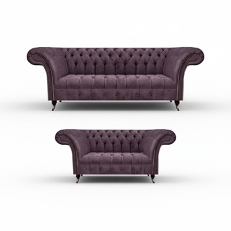 Complete Chesterfield Purple Seating Set 2x Sofas Three-Seater 2-Seater