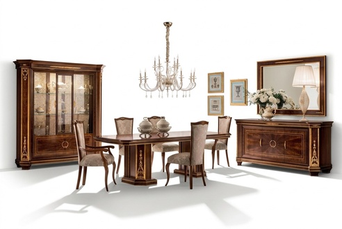 Dining room set of wooden table, 6x chairs, showcase, sideboard & mirror in antique style italian furniture arredoclassic™