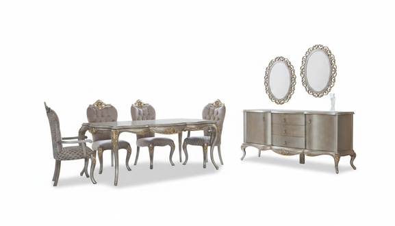 Complete dining set table sideboard dining room dining table wood set 12pcs Beige
