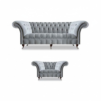 Complete Gray Chesterfield Seating Furniture Elegant Lounge Chair 3-Seater Sofa