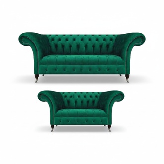 Complete Green Sofa Set 2x Chesterfield Sofas Textile Upholstered Sofa