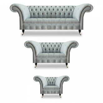 Complete gray Chesterfield couches, seating sofas, three-seater armchairs.