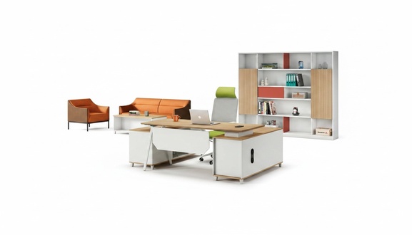 Complete office study furniture work desk office cabinet white wood set