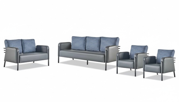 Complete Seating Furniture Set 3-Seater 2-Seater Armchair Gray Blue Leather Upholstery