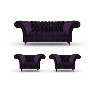 Complete Set 3-piece Sofa Three-seater Fabric Purple 2x Armchairs Chesterfield Furniture