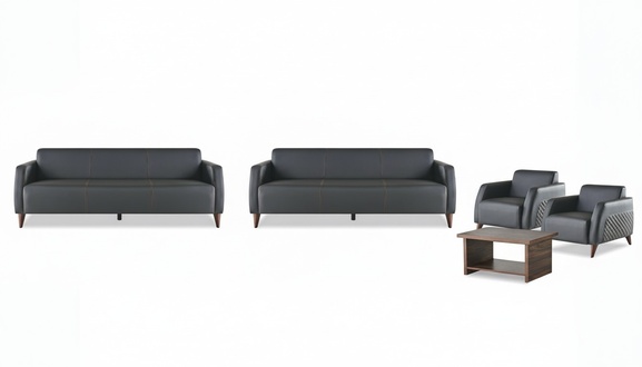 Complete set leather sofa black 3-seater armchair coffee table wood leather 4 pcs.