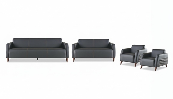 Complete set of seating furniture: 3-seater, 2-seater, armchair, black modern leather, wood.