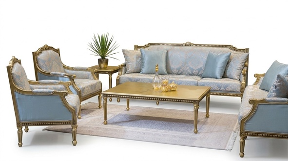 Set Sofa Set 3+3+1+1 Seat Sofas Coffee Table Sofa Blue 5pcs