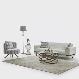 Complete sofa set, three-seater fabric upholstered sofa, white, armchair, 2 pieces.