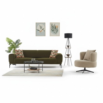 Complete couch set upholstered sofa three-seater armchair green fabric sofa