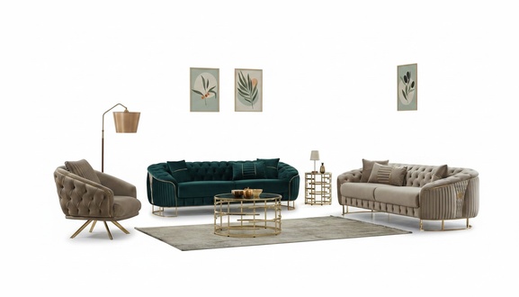 Complete couch set upholstered sofa three-seater armchair beige fabric 3-piece