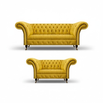 Complete yellow Chesterfield set elegant three-seater two-seater couch