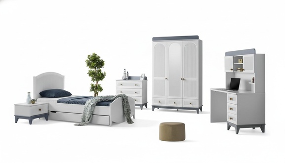 Complete children\'s room set with wardrobe, dresser, and desk - 5 pieces.