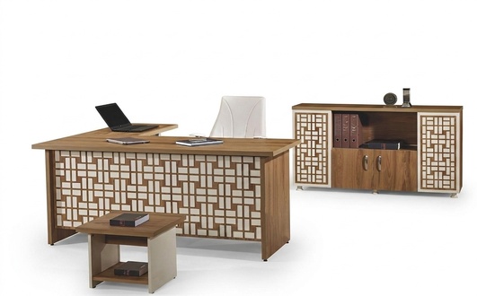 Computer furniture Work desk Office furniture Corner office desk 3-piece wooden set Brown