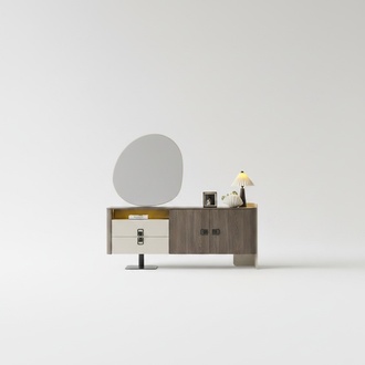 Console with mirror made of wood in brown, modern elegant style.