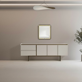 Console with a wooden mirror in beige tone, elegant style.