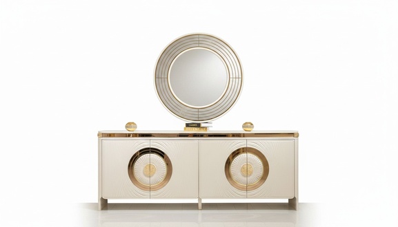 Console with mirror in beige wood, modern elegant design.