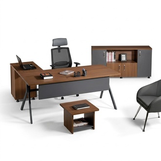 Corner office desk Work table Complete office furniture 3-piece wooden set Grey