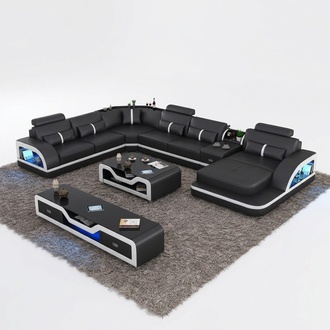 Corner sofa black with coffee table 2 parts. Living room leather sofa set corner set table