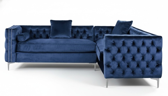 Blue Chesterfield Sofa Corner Set Upholstered Velvet Fabric Corner Furniture Design