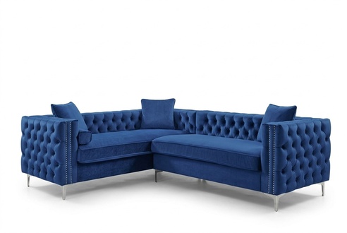 Chesterfield Corner Sofa L-Shaped Blue Textile Padded Soft Couch Living Room New