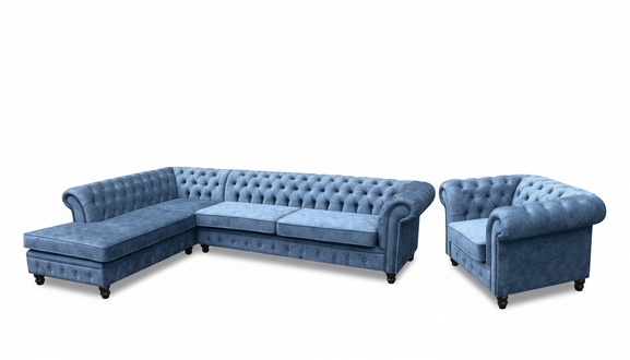 Corner Sofa Couch Upholstery Chesterfield Design Luxury Furniture Set with Armchair