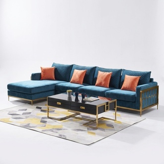 Corner sofa L shape coffee table sofa couch design upholstery luxury blue table 2 pieces metal !